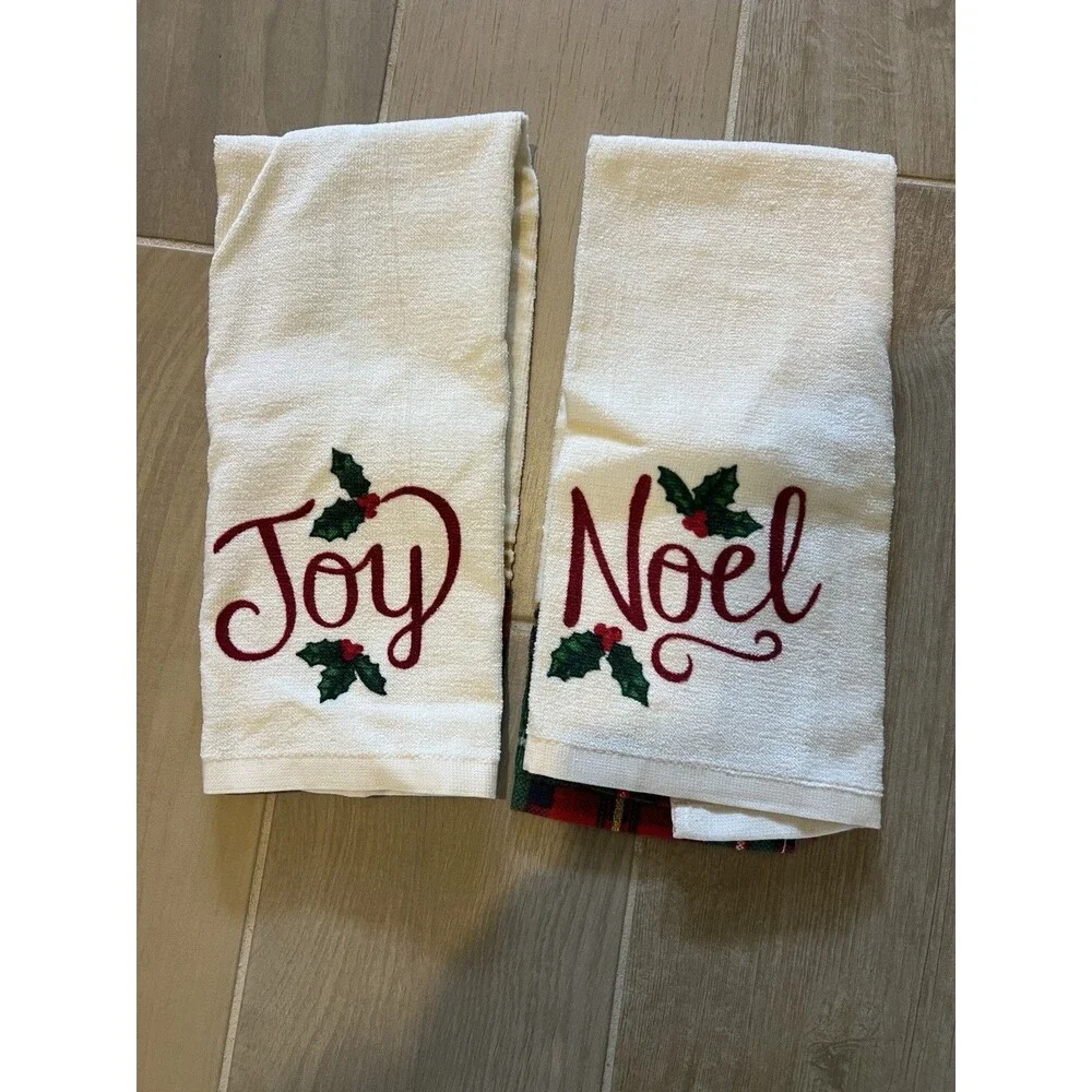 St. Nicholas Square Joy & Noel Holiday Hand Towels Set of 2 Embroidered Plaid